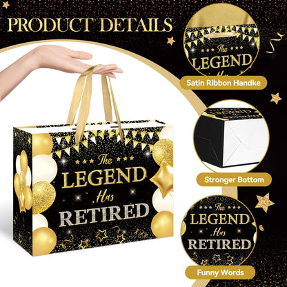 HSKMAKE Black Gold Retirement Gift Bag The Legend Has Retired Large Gift Bag with Greeting Card Gold Tissue Paper for Women Men Coworker Farewell Going Away Party Favors Decorations Supplies