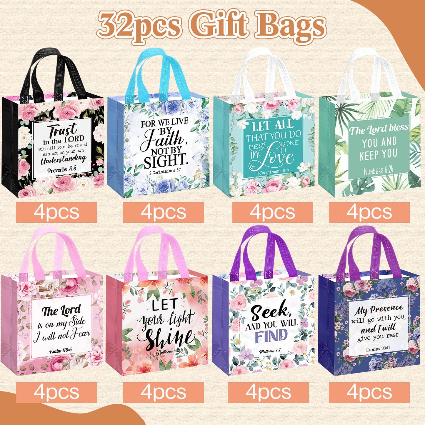 Riakrum 32 Pcs Religious Gift Bags Bulk for Women, Non Woven Christian Gift Bag with Handle, Reusable Flower Religious Baptism Bible Verse Tote for Eid Easter Catholic Theme Party Favors