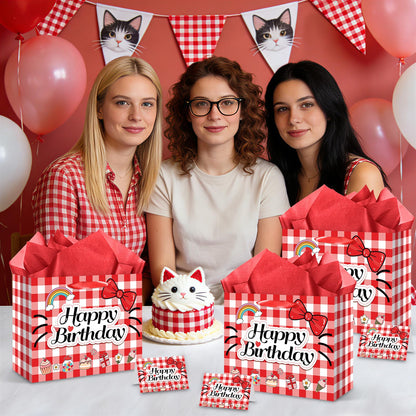 Red Gingham Cat Gift Bag Kawaii Cartoon Birthday Bag with Greeting Card & Tissue Paper - Rainbow Bowknot Cherry Sweet Party Favor Bag for Girls, Kids, Baby Shower, Picnic Party Supplies