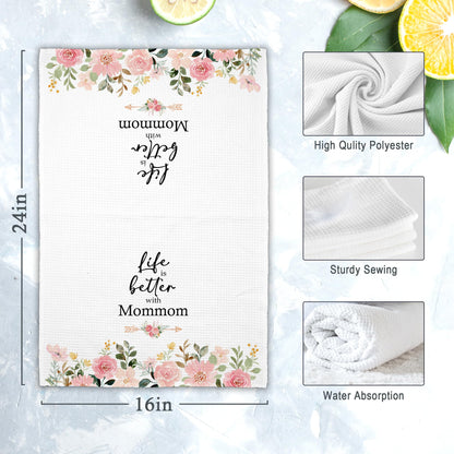 Mommom Grandma Kitchen Towels Gifts, Life is Better with Mommom Gifts for Birthday Mother's Day, Pink Floral Rose Peony Hand Towels Decor for Bathroom, Rustic Dish Tea Bar Towel Home 16x24in