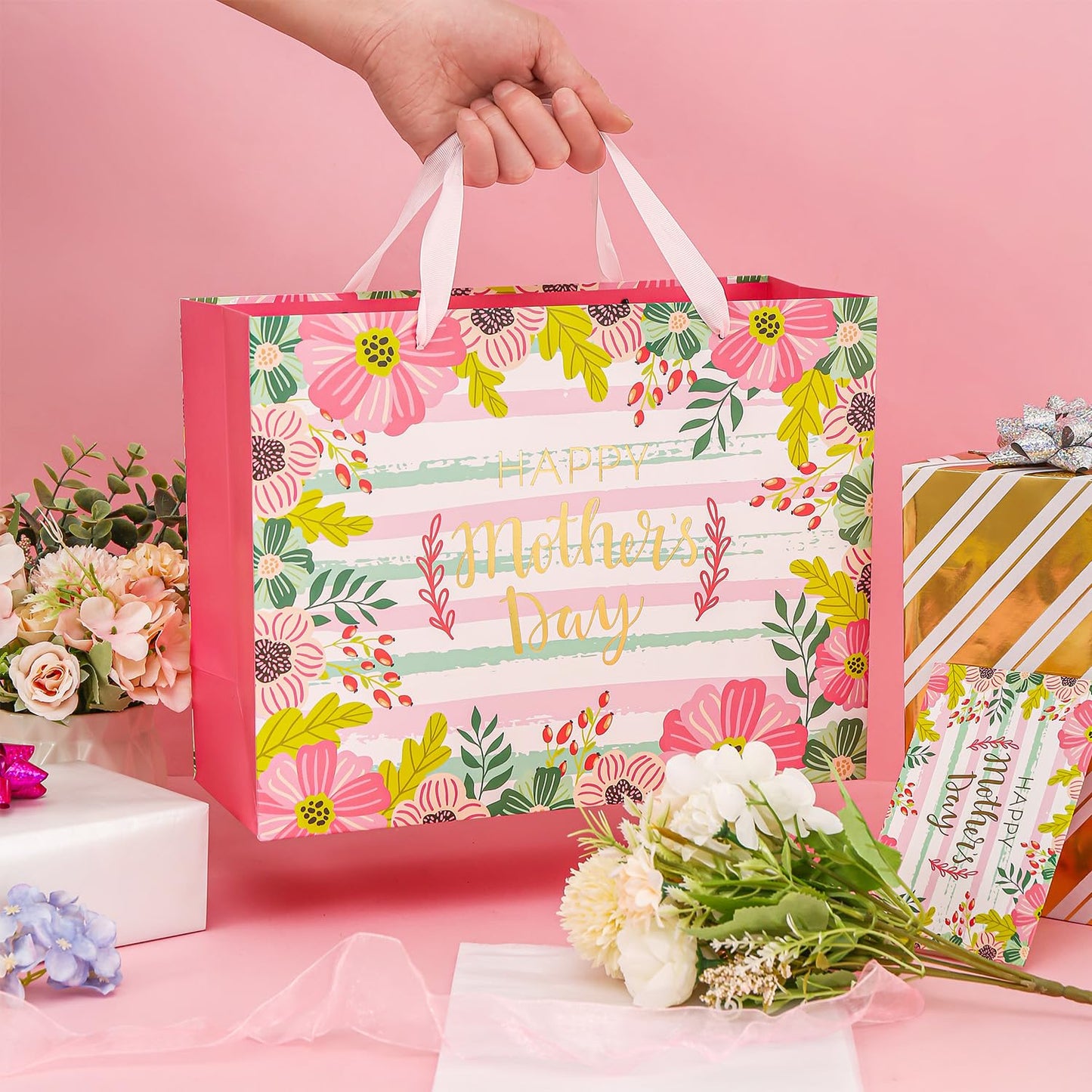 CAMKUZON Large Mother's Day Gift Bag with Card and Tissue Paper for Mom Grandma Nana Sisters - Gold Foil Happy Mother's Day & Pink Floral Design, 13" X 10" X 5"
