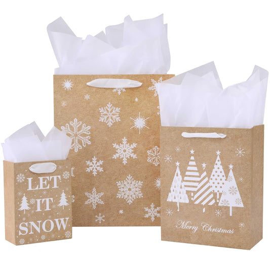 SUNCOLOR Christmas Gift Bags Assorted Sizes with Tissue Paper, 9 Pack Kraft Paper Bags in 3 Sizes, Brown and White Snowflake Design, Let It Snow Theme Holiday Gift Bags