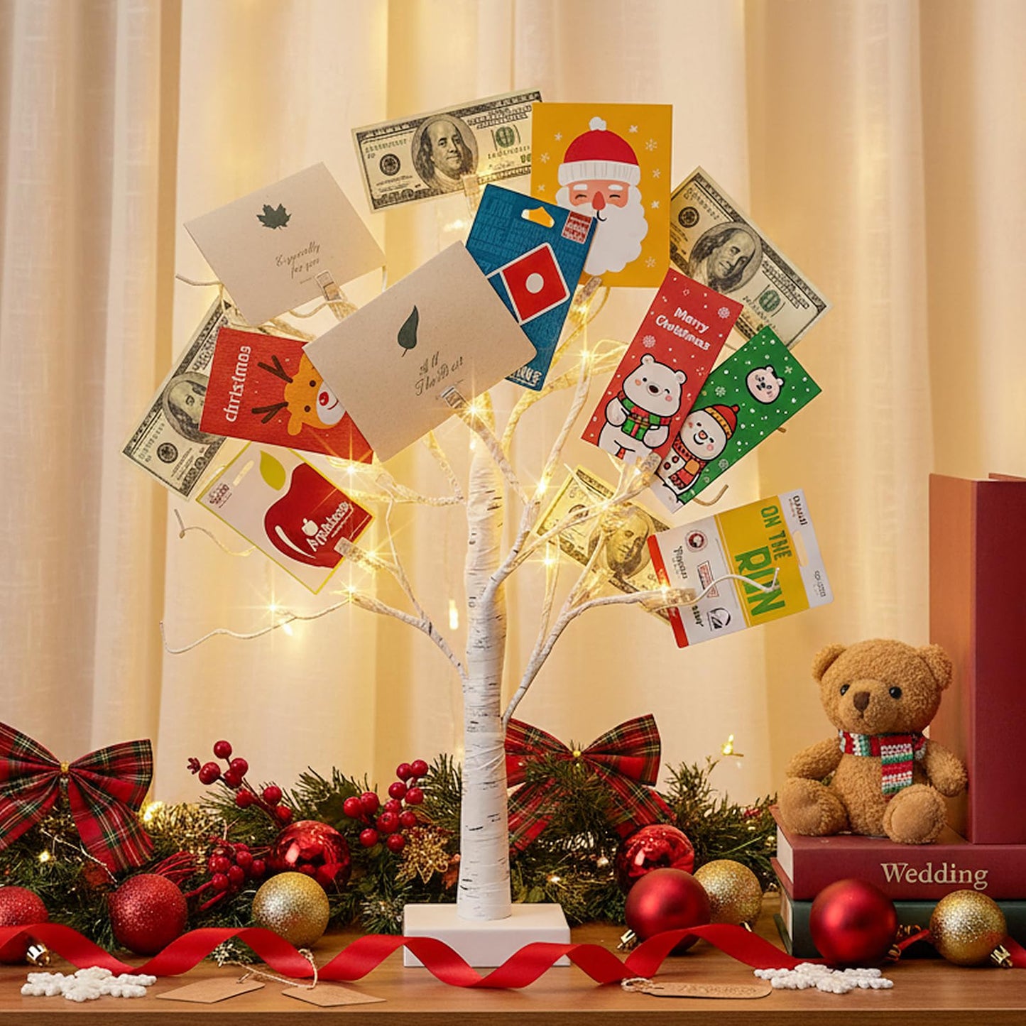 PABIPABI Money Tree Gift Holder, 24 LED Lighted Birch Tree with 12 Clear Clips, Battery/USB Powered Timer Display Tree for Christmas, Memo, Present Card, Photo, Wedding, Birthday Graduation