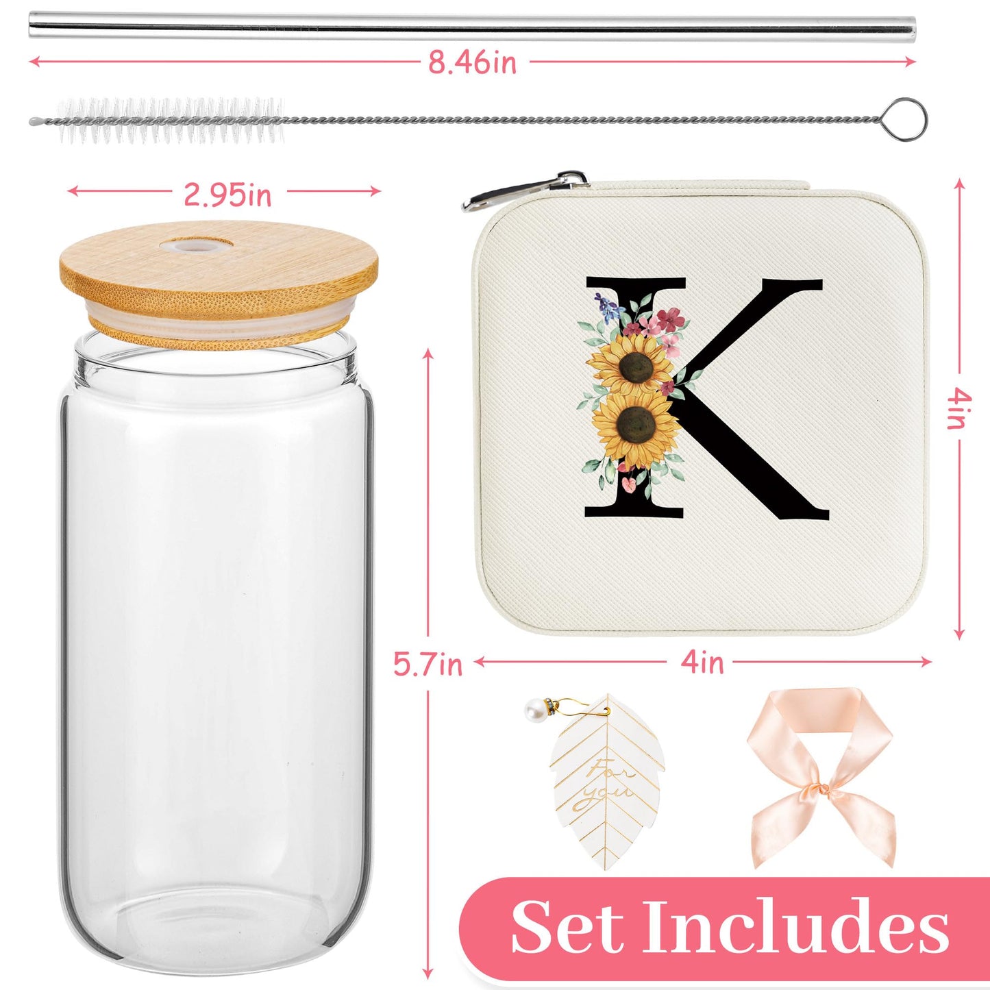 AYGXU Bridesmaid proposal gifts,16oz glass cups with bamboo lid,Travel Jewelry Organizer,Bridesmaid Gifts for Women,Wedding Travel Essentials Small Jewelry Box,Initial K white