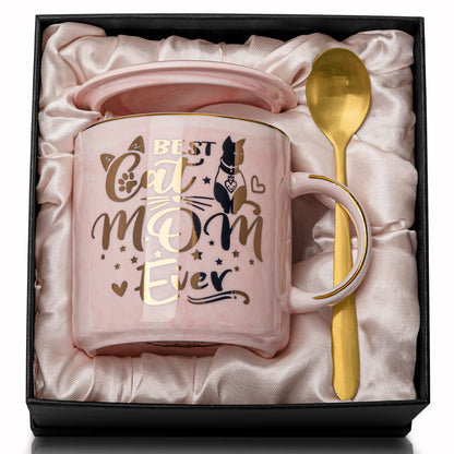 Cat Mom Gifts for Women, Cat Gifts for Cat Lovers - Best Cat Mom Ever - 14oz Pink Ceramic Marble Gold Pattern Coffee Mug with Gift Box, Christmas gifts for Crazy Cat Lady, Mom Wife Daughter Friends