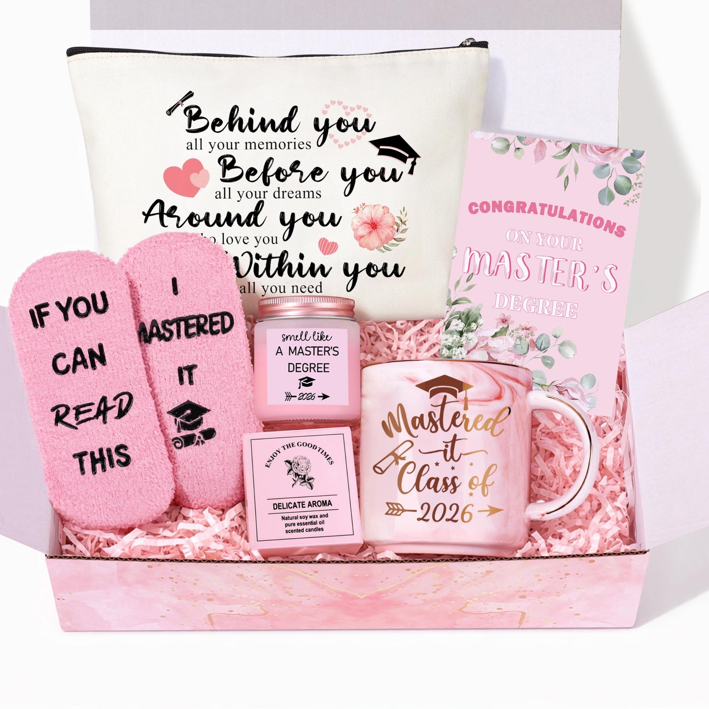 JMBMTER 2026 Graduation Gifts for Her, Masters Degree Graduation Gift Set for Women, Students, Niece, Daughter, Girlfriend, Pink Congratulations Grad Gift Baskets