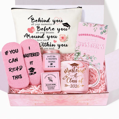 JMBMTER 2026 Graduation Gifts for Her, Masters Degree Graduation Gift Set for Women, Students, Niece, Daughter, Girlfriend, Pink Congratulations Grad Gift Baskets