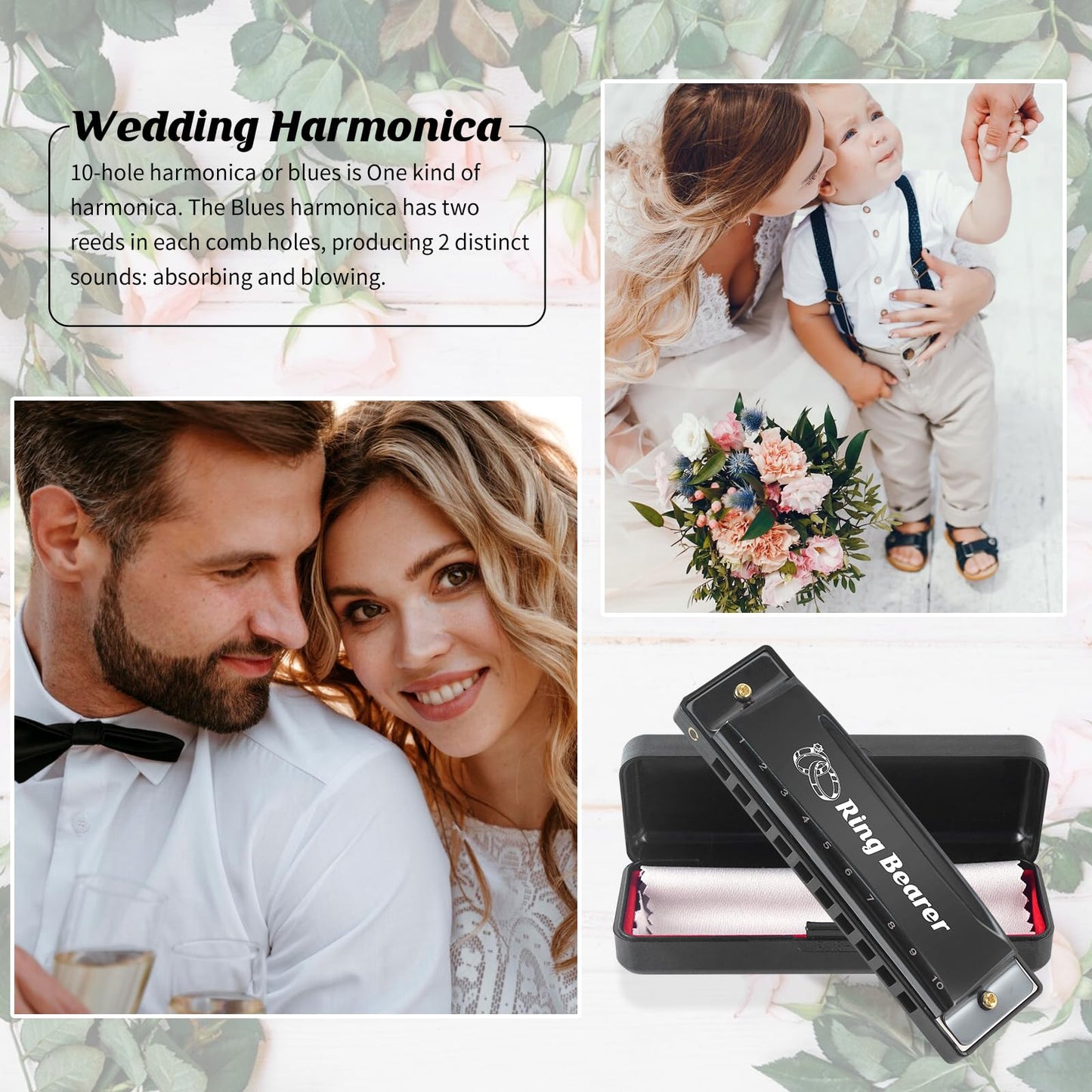 Ring Bearer Gifts Harmonica Ring Custom Engraved Black Harmonica C Key 10 Hole For Wedding Gifts Kids