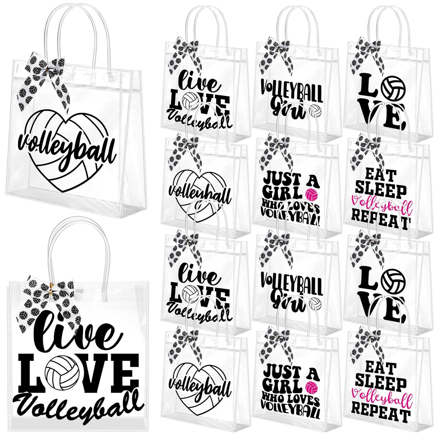 Vicenpal 12 Sets Clear Volleyball Gift Bag with Handles 12 Pcs Bows PVC Plastic Volleyball Treat Goodie Snack Bags 7.9 x 7.9 x 3.1'' Sport Theme Party Favors for Birthday Holiday Sports Team Gifts