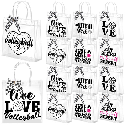 Vicenpal 12 Sets Clear Volleyball Gift Bag with Handles 12 Pcs Bows PVC Plastic Volleyball Treat Goodie Snack Bags 7.9 x 7.9 x 3.1'' Sport Theme Party Favors for Birthday Holiday Sports Team Gifts