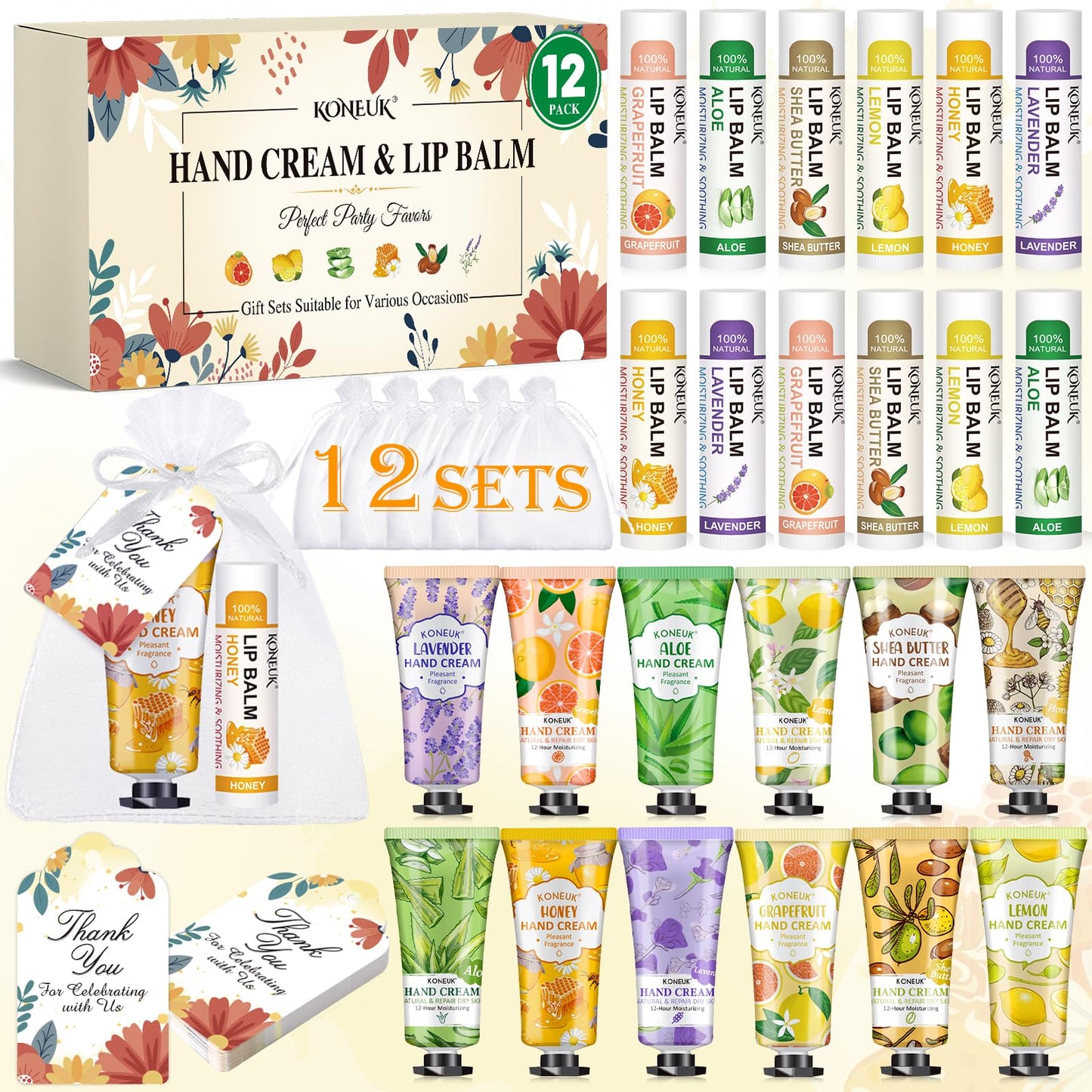 KONEUK 12 Pack Bulk Hand Cream and Lip Balm Set for Women, Mothers Day Gifts, Teacher Appreciation Gifts, Nurse Gifts, Bridal Shower Favors, Wedding Shower Favors and Bulk Gifts for Guests