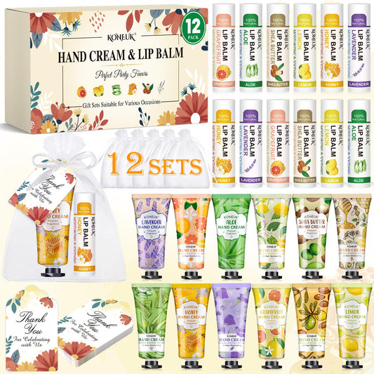 KONEUK 12 Pack Bulk Hand Cream and Lip Balm Set for Women, Mothers Day Gifts, Teacher Appreciation Gifts, Nurse Gifts, Bridal Shower Favors, Wedding Shower Favors and Bulk Gifts for Guests