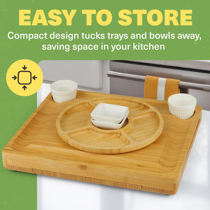Dynamic Gear Charcuterie Board with Pull Out Drawers - Expandable Bamboo Cheese Board Set with Utensils, Bowls, Serving Trays, Utensil Drawer, and Appetizer Tray - Chic Charcuterie Boards with Drawers