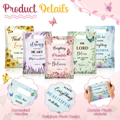 Pajean 100 Pcs Christian Gift Bags Mother's Day Floral Bible Verse Plastic Bags with Handles Religious Party Favor Pouch Inspirational Flower Candy Goodie Pouch for Women Wedding Church Gifts Supply