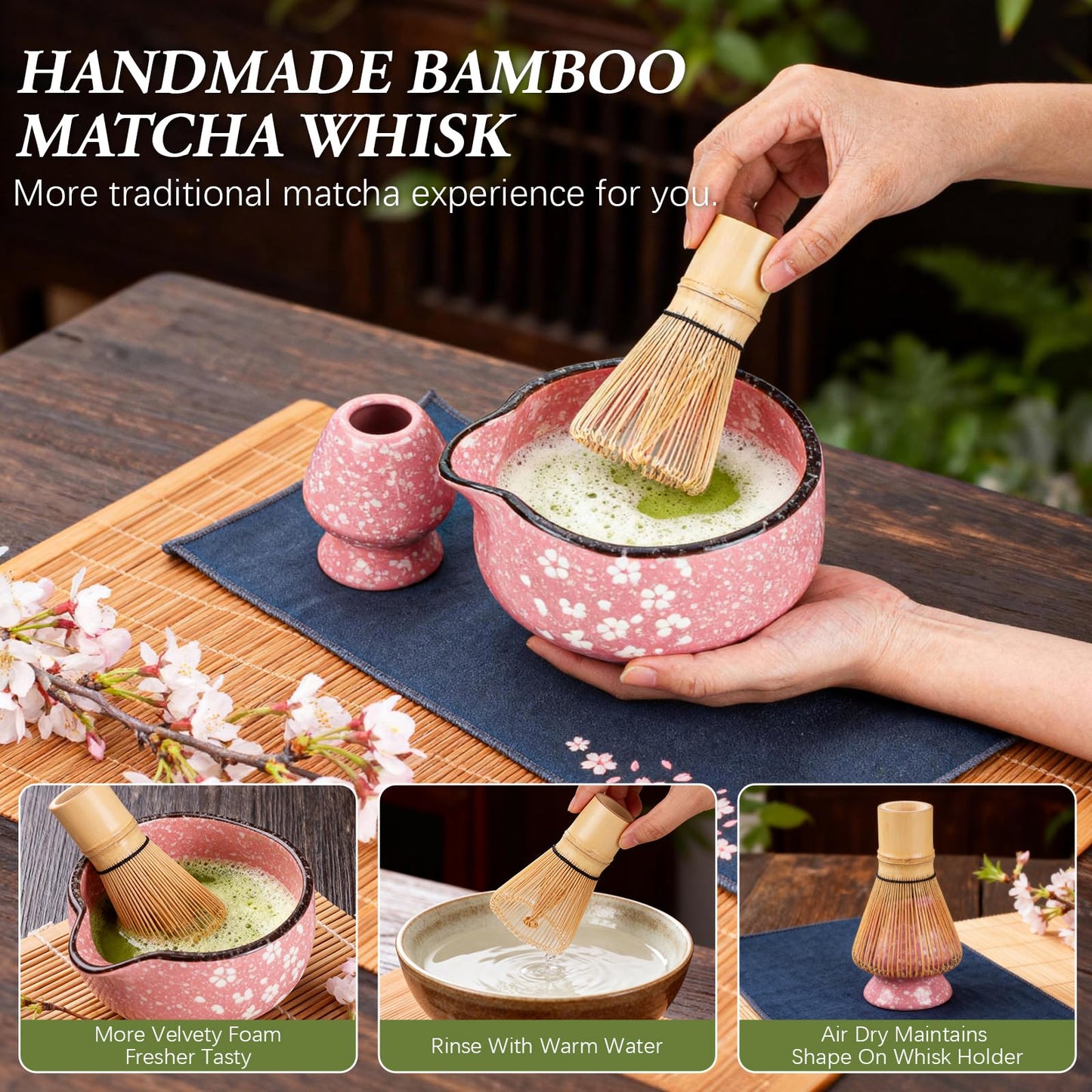 Matcha Whisk Set, 7 PCS Ceramic Matcha Sets with Bowl, Bamboo Whisk and Holder, Towel, Sifter, Bamboo Scoop, Scoop Rest, Christmas Gifts for Tea Lovers, Birthdays New Year Gifts for Women Mom