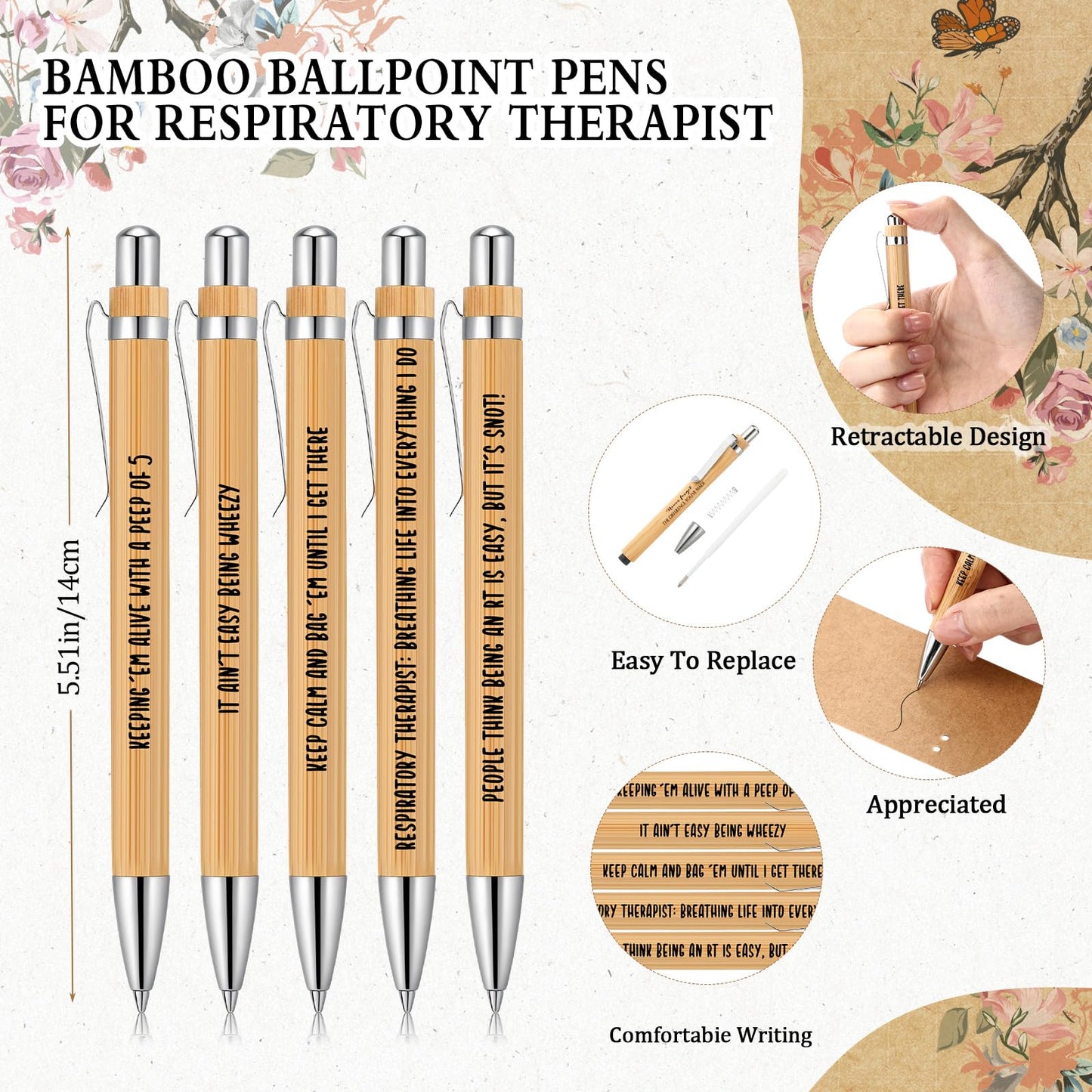 Gersoniel 20 Sets Respiratory Therapist Gifts Bulk Nurse Week Gifts Retractable Bamboo Ballpoints with Appreciation Bookmark Card Thank You Pen for Rt Nurse Nursing Doctor Graduation Staff Office