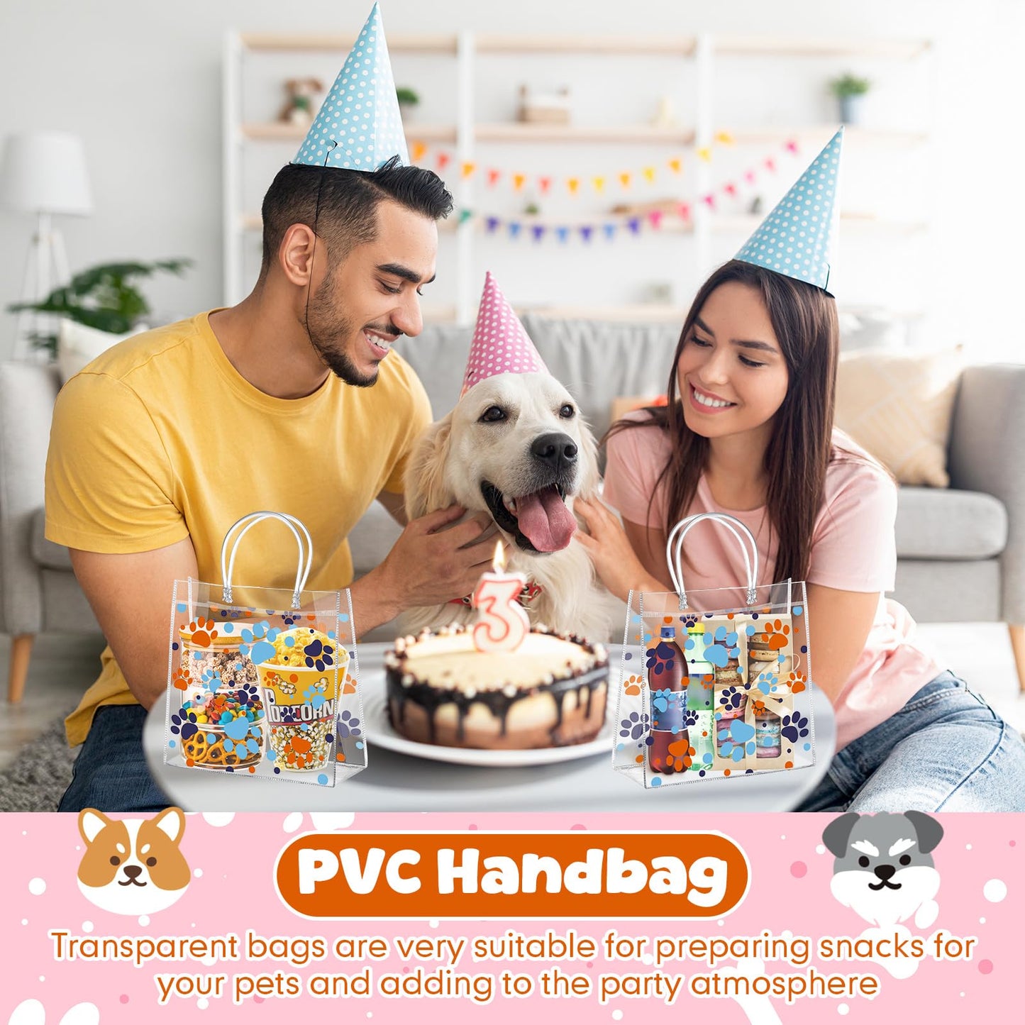 Abbylike 24 Pcs Dog Paw Clear PVC Gift Bag with Handles Party Favor Bag Candy Gift Treat Bags for Sports Theme Party Decorations Game Celebration Supplies Birthday Decorations
