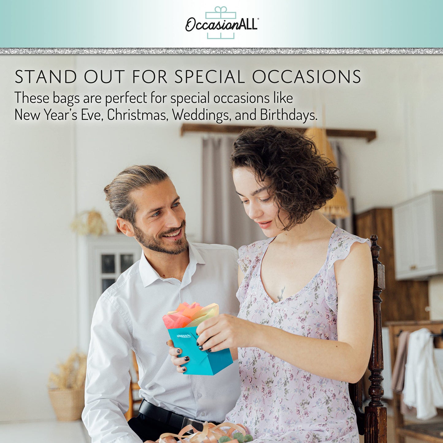 OccasionALL Teal Gift Bags with Handles, Mini Paper Gift Bags for Gift Cards, Weddings, Birthdays, Party Favors, Retail Shopping, Small Business, Events, Bulk, 4x2.75x4.5, 12 Pack