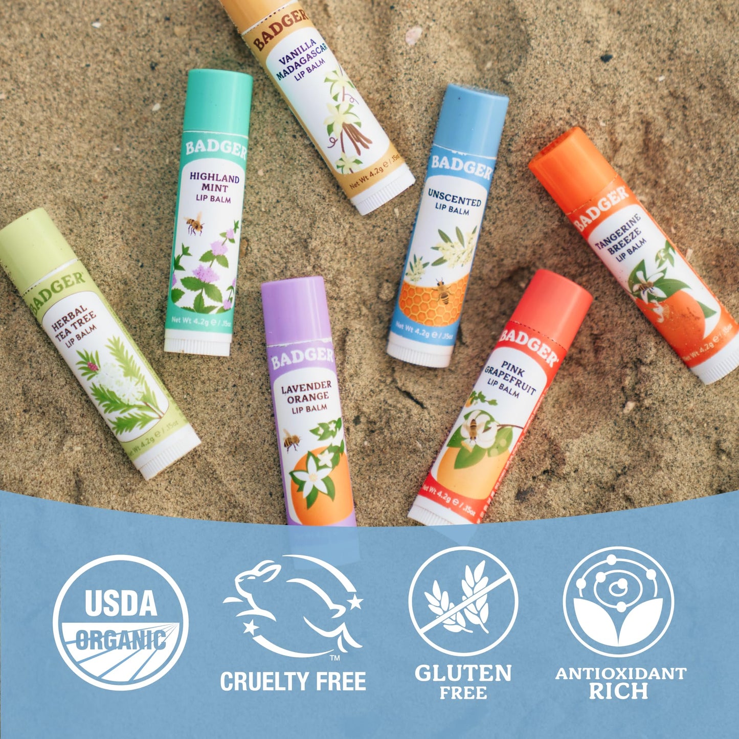 Badger Classic Organic Lip Balm Set - Yellow Box, Light Silky Long Lasting Lip Moisturizer Gift Set, All Natural Lip Balm Variety Pack Lip Set (Tangerine, Lavender Orange, Vanilla, Grapefruit), 4 pack