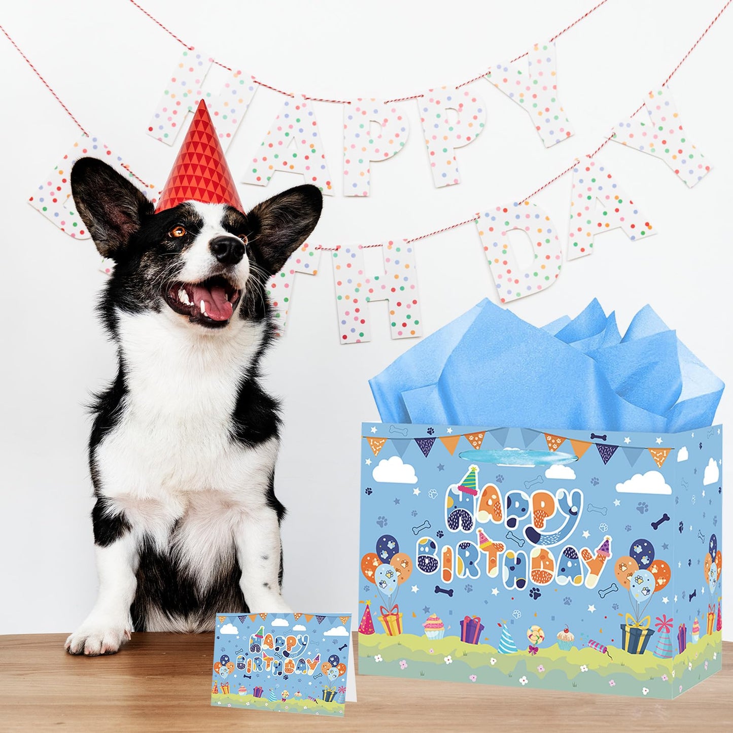 HZRNNA Blue Paw Print Gift Bag, Large Dog Birthday Gift Bag with Tissue Paper and Card, Dog Themed Birthday Decorations for Boys, Newborn, Baby Shower Party Supplies