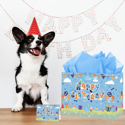 HZRNNA Blue Paw Print Gift Bag, Large Dog Birthday Gift Bag with Tissue Paper and Card, Dog Themed Birthday Decorations for Boys, Newborn, Baby Shower Party Supplies