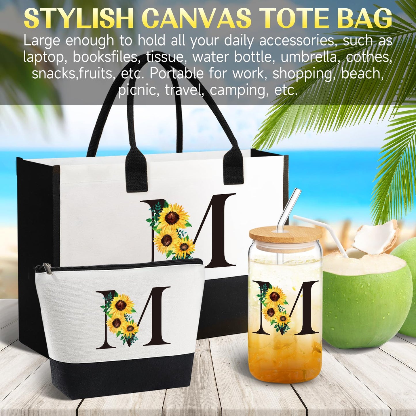 Personalized Gifts for Women, Monogrammed Gifts for Women, Initial Monogram Sunflower Birthday Mothers Day Gift for Mom Sister Best Friends - Monogrammed Canvas Tote Bag & Makeup Bag & Glass Cup M