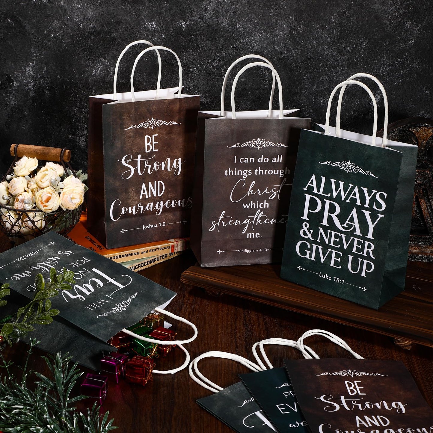 Skyygemm 24 Pcs Fathers Day Christian Gift Bags Bulk Religious Bible Verse Treat Bags with Handles Inspirational Scripture Church Gifts for Men Women Dad Mom Christian Church Party Favors Decorations
