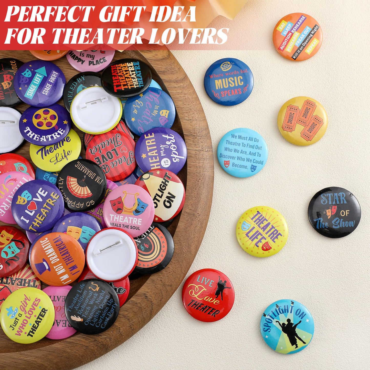 Landical 50 Pcs Theatre Gifts Set Theater Button Pins Bulk Musical Theater Badges Broadway Pins Comedy Tragedy Mask Drama Actor Gifts for Theatre Party Favors