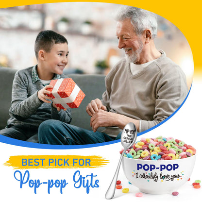 Pop-Pop Gifts for Fathers Day, Funny Pop Pop Gifts for Grandpa Birthday from Grandkids Granddaughter, Ceramic Cereal Bowl Presents, POP-POP I Cerealsly Love You