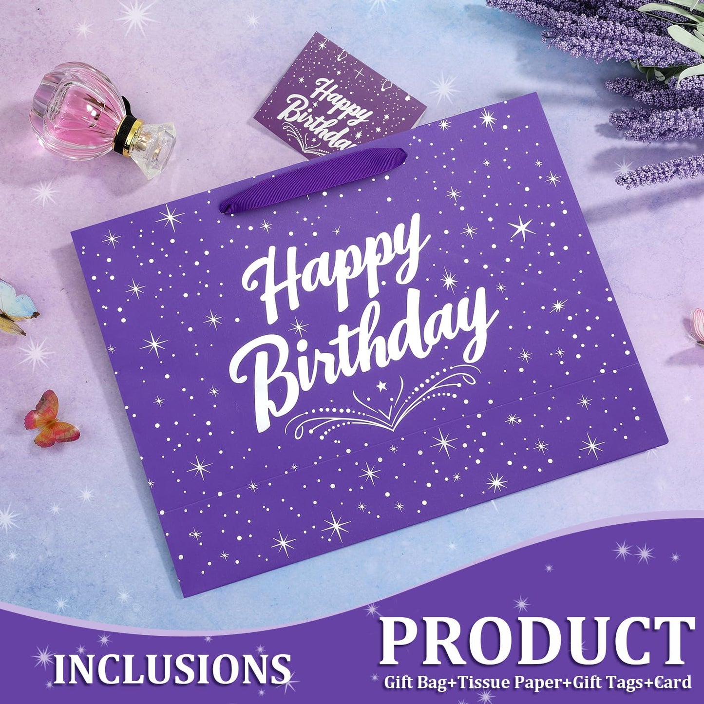 13" Purple Happy Birthday Gift Bag with Tissue Paper and Greeting Card for Party,Happy Birthday Gift Bag for Men Women,Gift Bags Medium size