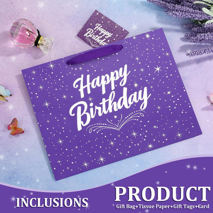 13" Purple Happy Birthday Gift Bag with Tissue Paper and Greeting Card for Party,Happy Birthday Gift Bag for Men Women,Gift Bags Medium size