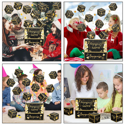 Jacyan Birthday Surprise Gift Box Explosion for Money, Exploding Money Gift Box for Cash Pop up Birthday Money Explosion Box Surprise Party Gift 12 Folding Bounce Boxes for Men Women Kids, Black Gold
