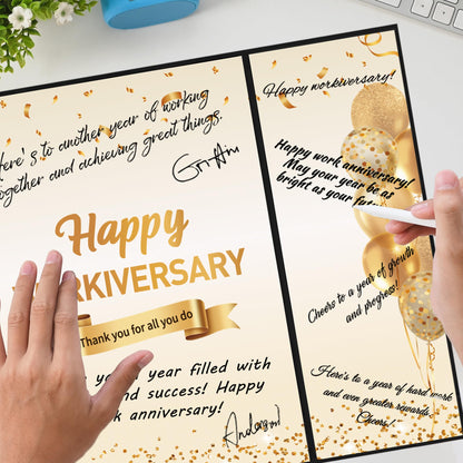 DARUNAXY Black Gold Happy Workiversary Party Decorations, Happy Work Anniversary Alternative Signature Guest Book for Men Women Employee Business Gifts Signing Card Board for Office Supplies