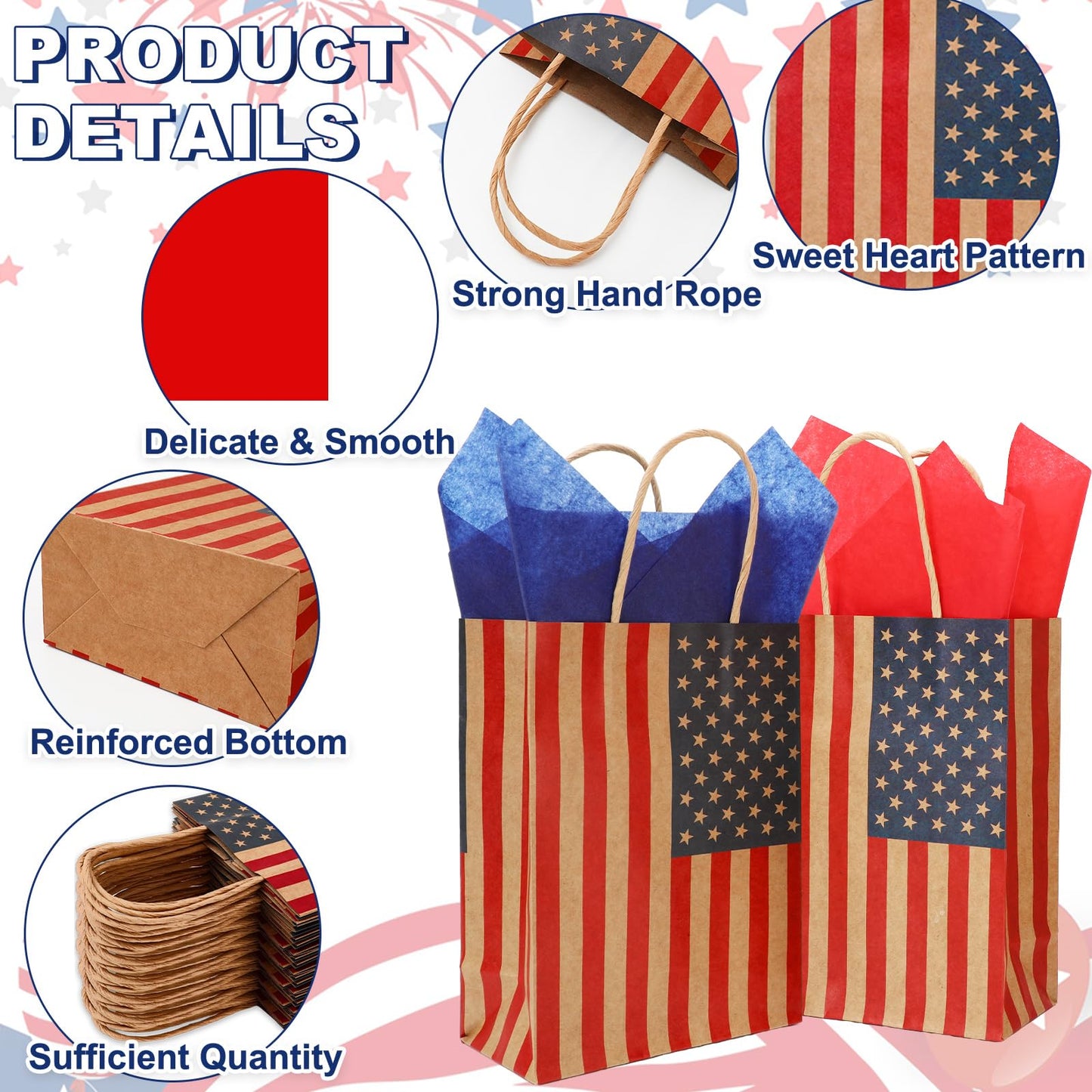 JarThenaAMCS 24 Pcs Patriotic Paper Gift Bags with Tissue Paper Star Gift Tag Rope 4th of July American Flag Kraft Goodie Treat Bag with Handles for Independence Day 250th Anniversary Memorial Day