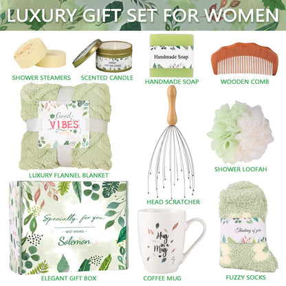 Solemon Green Gift Baskets for Women - Care Package for Women, Mom, Her, Wife, Sisters, Friend, Coworker, Grandma, Fathers Day Gift Basket