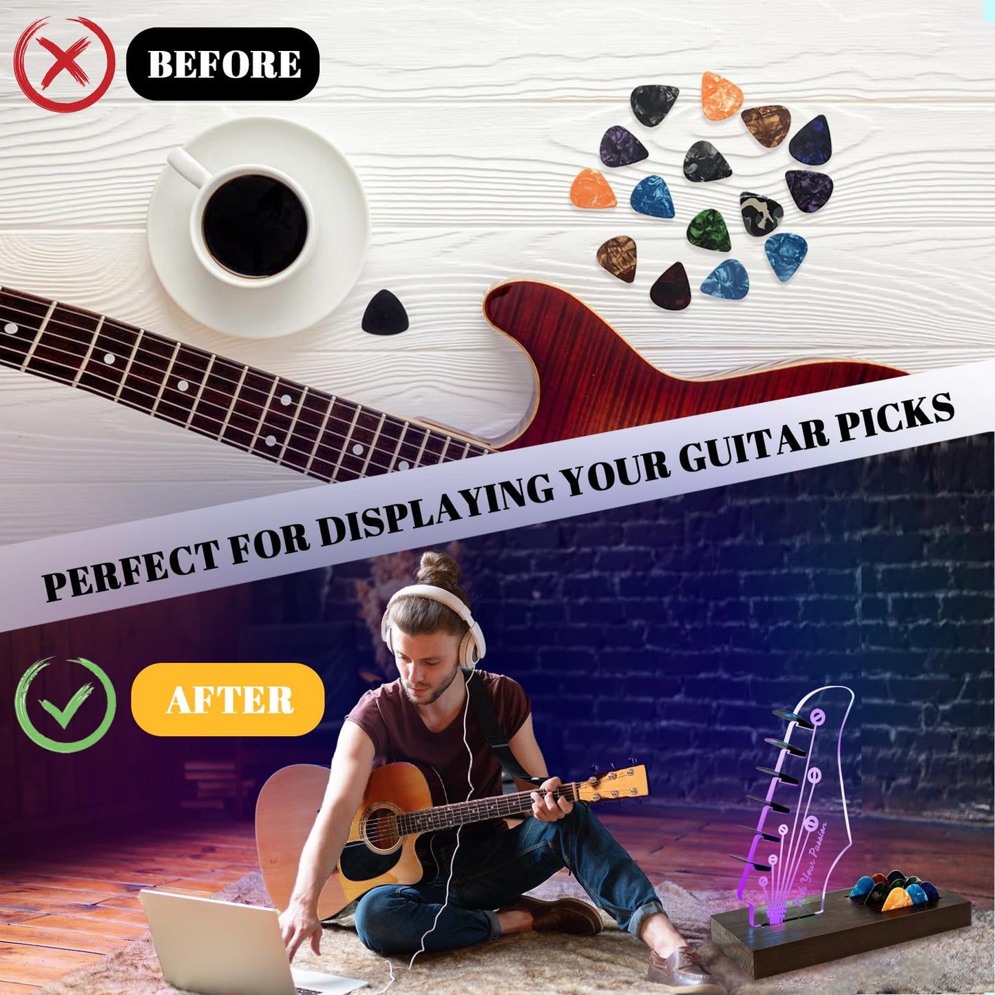 NZNDB Light Up Guitar Pick Holder, Wooden Guitar Pick Holder for Picks Storage and Display, Music Gift for Men Guitar Music Lovers Players Guitarist, Guitar Accessories