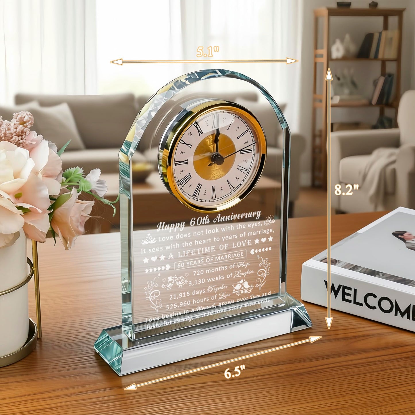 60th Wedding Anniversary Glass Quartz Clock Gifts for Women Men, 60 Year Anniversary Romantic Gift for Him Her, Diamond Anniversary Clock Gifts for Couple, 60 Years of Marriage Gifts