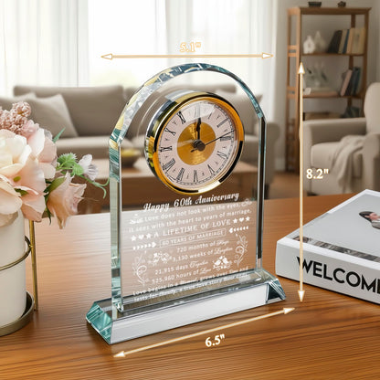 60th Wedding Anniversary Glass Quartz Clock Gifts for Women Men, 60 Year Anniversary Romantic Gift for Him Her, Diamond Anniversary Clock Gifts for Couple, 60 Years of Marriage Gifts