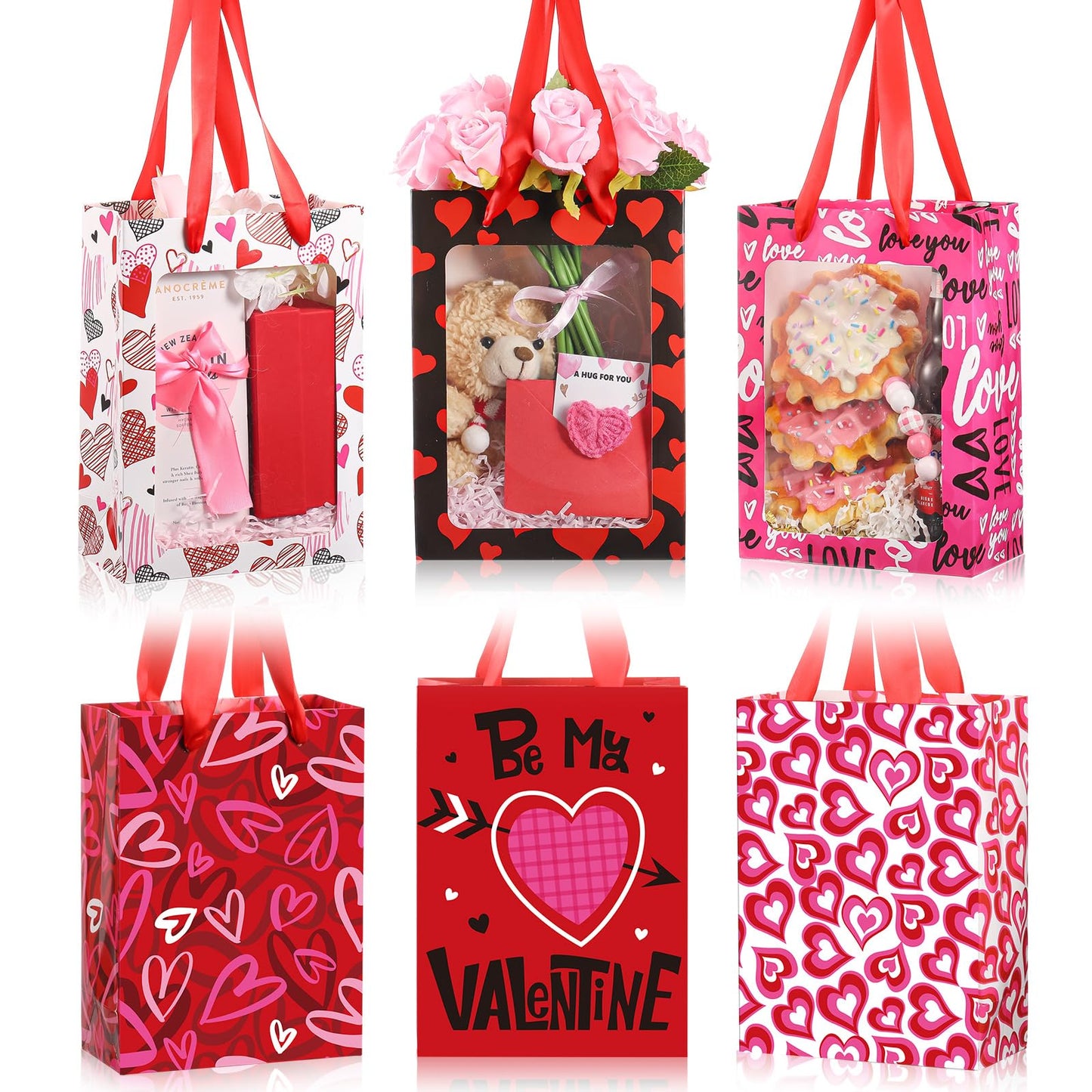 Frienda 12 Pcs Valentines Gift Bags Bulk Heart Goodie Bags with Clear Window and Handle Pink Red Happy Valentine's Day Paper Gift Wrap Love Tote Pouches for Party Favors Wedding Birthday Party
