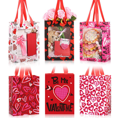 Frienda 12 Pcs Valentines Gift Bags Bulk Heart Goodie Bags with Clear Window and Handle Pink Red Happy Valentine's Day Paper Gift Wrap Love Tote Pouches for Party Favors Wedding Birthday Party