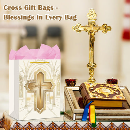 FaCraft Religious Gift Bag with Tissue Paper - Gold Cross First Communion Baptism Gift Bag for Boys Girl Baby Women Men - Catholic Christian Bags with Handle for Christenings Easter Wedding Clergy Day