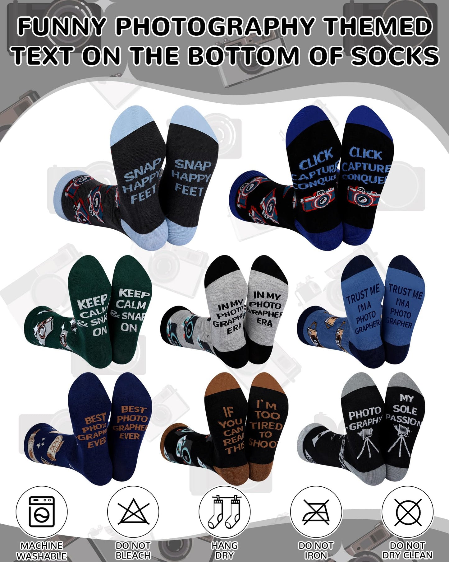 Glitopper 8 Pairs Novelty Photography Gifts Socks for Men Funny Camera Crew Socks Birthday Father's Day Gift for Photograph Lovers