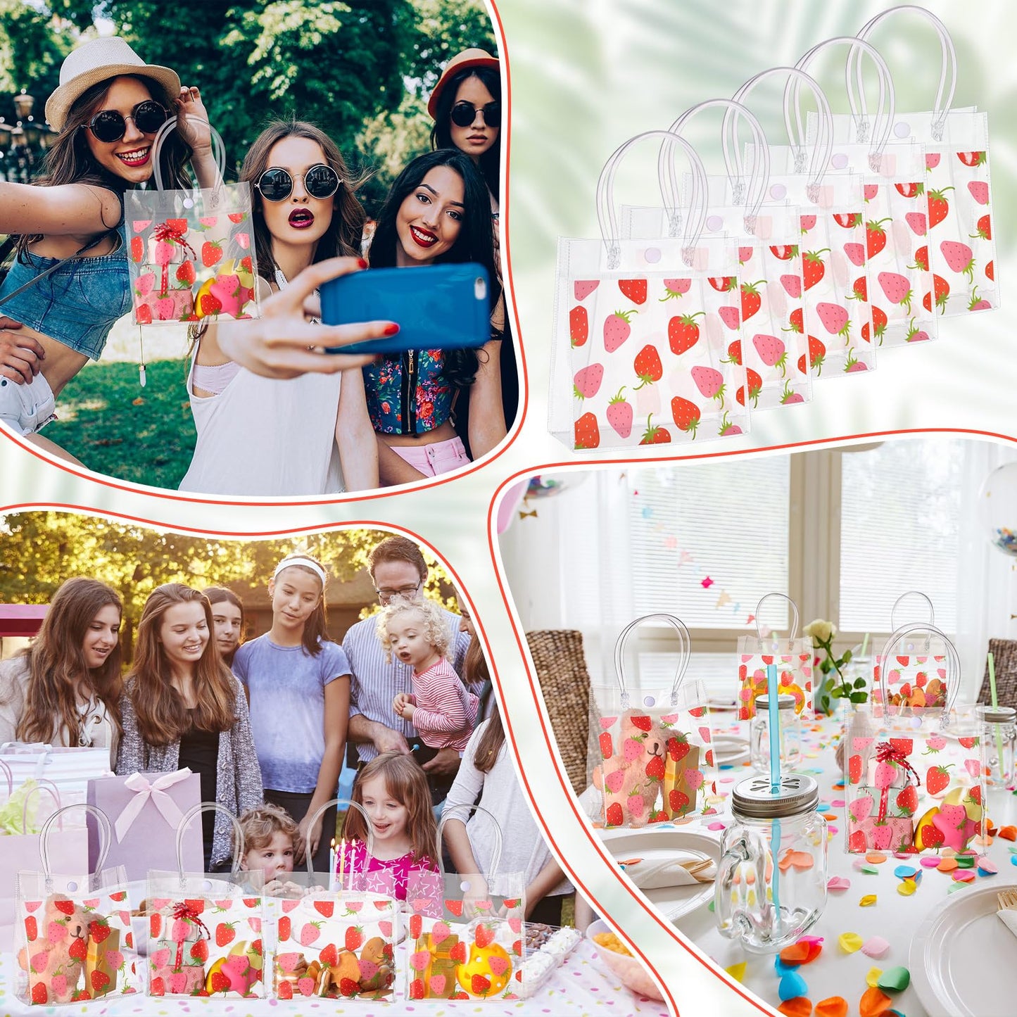 Kolldenn 24 Pcs Strawberry Gift Bags Transparent Plastic PVC Bags with Handles Strawberry Party Favor 5.9" x 2.8" x 6.3" Shopping Handbags Candy Themed Goodie Holder Supplies Birthday Treat