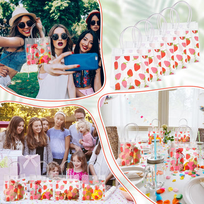 Kolldenn 24 Pcs Strawberry Gift Bags Transparent Plastic PVC Bags with Handles Strawberry Party Favor 5.9" x 2.8" x 6.3" Shopping Handbags Candy Themed Goodie Holder Supplies Birthday Treat