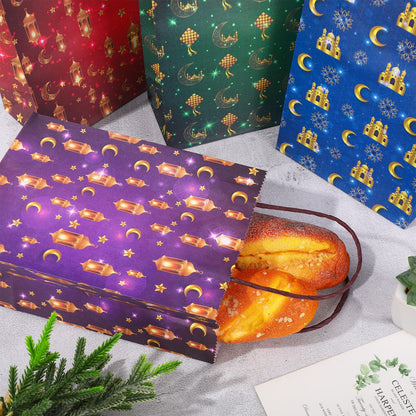 FYSUIMU 16Pcs Eid Mubarak Paper Bags with 20 Sheets Tissue Paper Gold Mosque Moon Star Treat Bags with Handles Candy Goodie Bags for Ramadan Muslim Party Favors Supplies