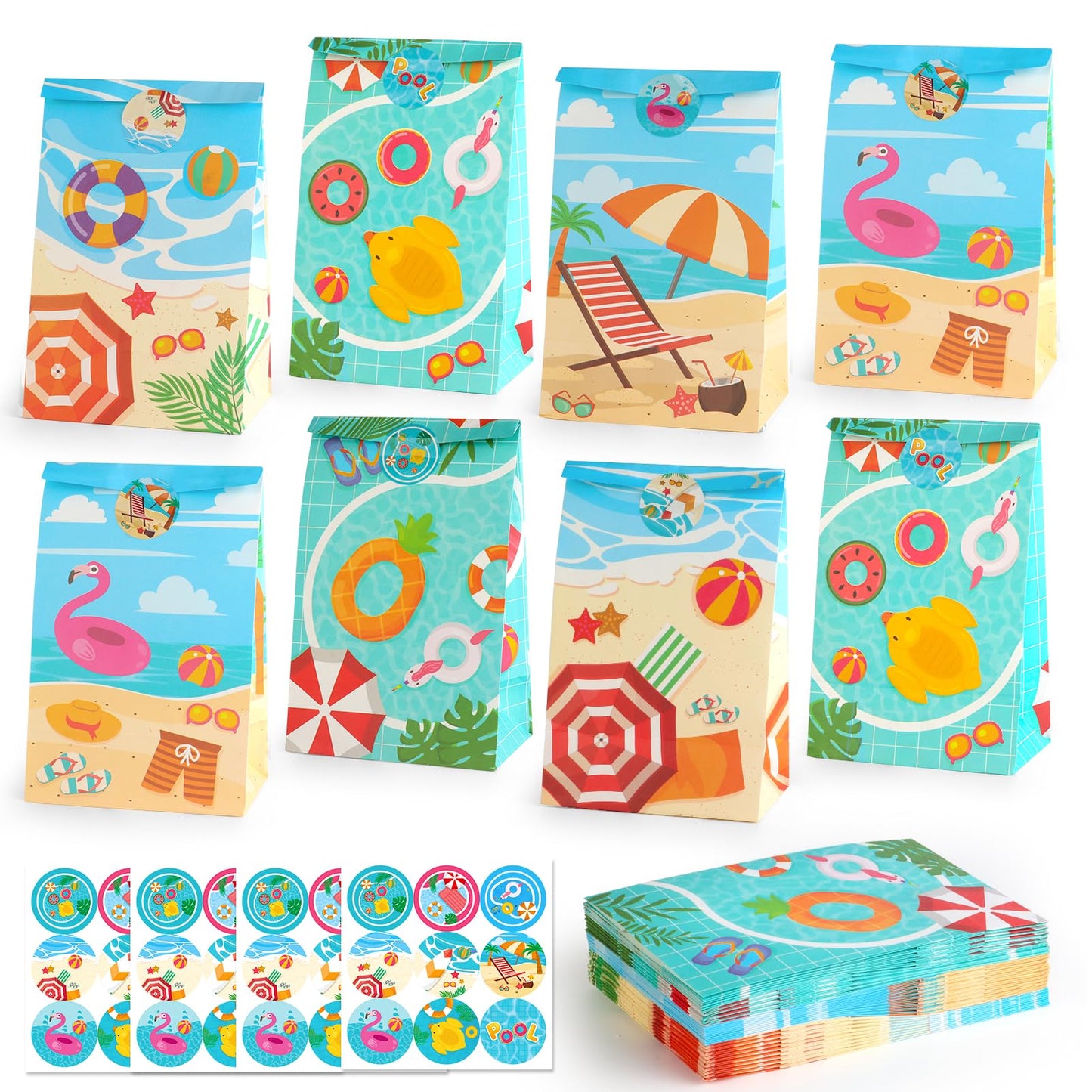 HEJIN 30 PCS Pool Party Favor Bags with 36 Stickers, Summer Gift Bags Pool Party Decorations Supplies for Kids, Mermaid Goodie Bags Beach Gifts for Birthday, Baby Showers, Wedding
