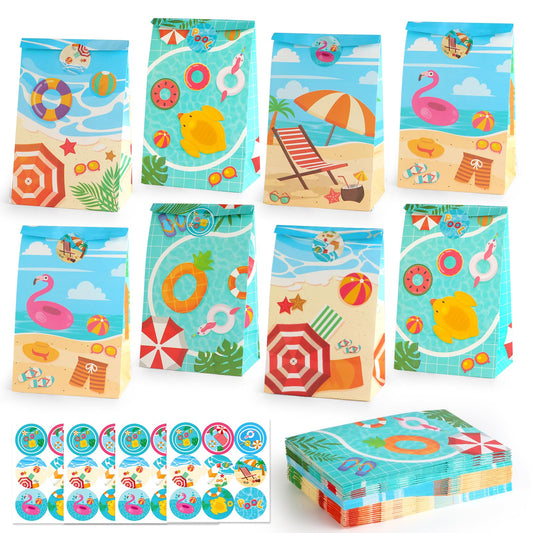 HEJIN 30 PCS Pool Party Favor Bags with 36 Stickers, Summer Gift Bags Pool Party Decorations Supplies for Kids, Mermaid Goodie Bags Beach Gifts for Birthday, Baby Showers, Wedding