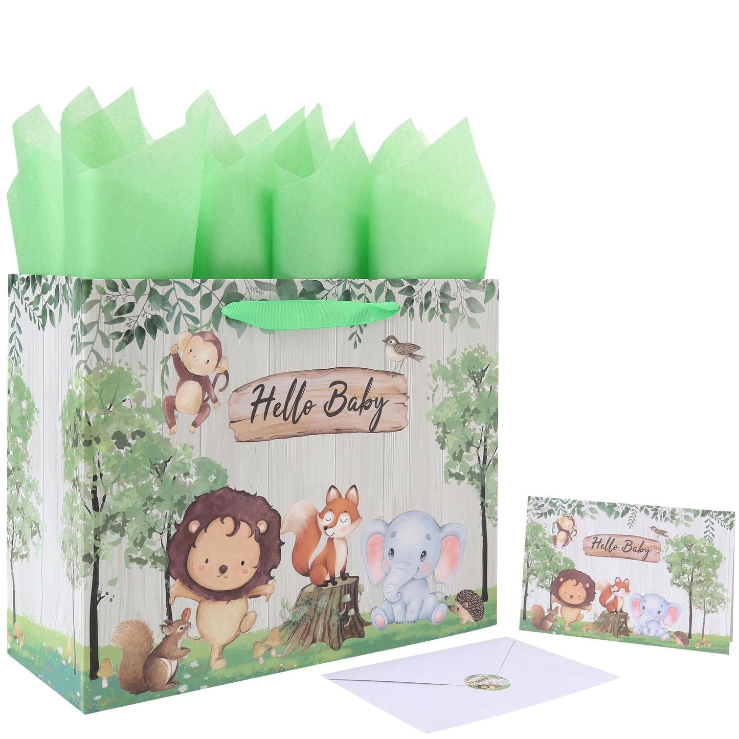 13'' Large Baby Boy Girl Gift Bag Set with Handles, Greeting Card, Green Tissue Papers and Stickers for Birthday, Baby Shower, Newborn, New Moms, Woodland Animals Design, 1 Pcs