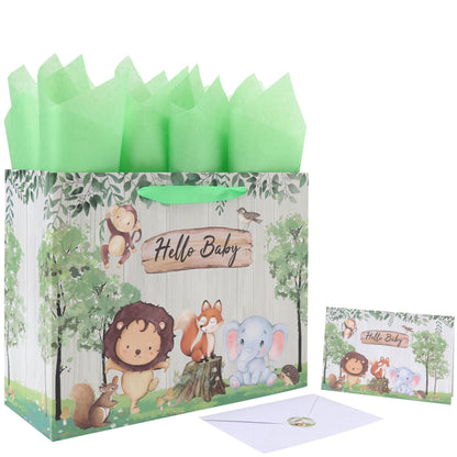 13'' Large Baby Boy Girl Gift Bag Set with Handles, Greeting Card, Green Tissue Papers and Stickers for Birthday, Baby Shower, Newborn, New Moms, Woodland Animals Design, 1 Pcs