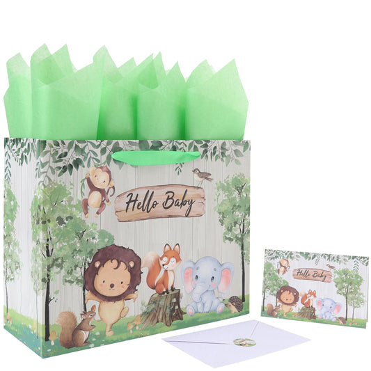 13'' Large Baby Boy Girl Gift Bag Set with Handles, Greeting Card, Green Tissue Papers and Stickers for Birthday, Baby Shower, Newborn, New Moms, Woodland Animals Design, 1 Pcs